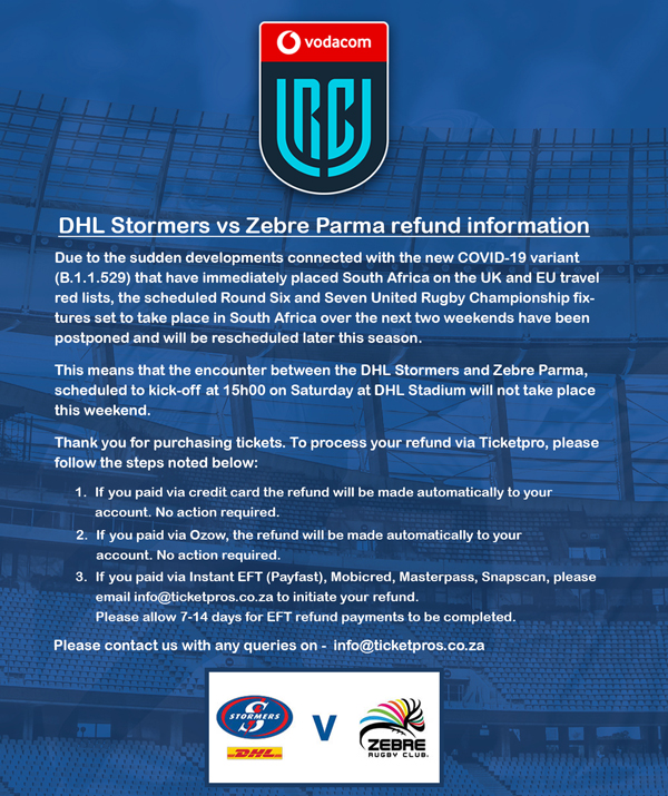 DHL Stormers vs Zebre Parma refund information