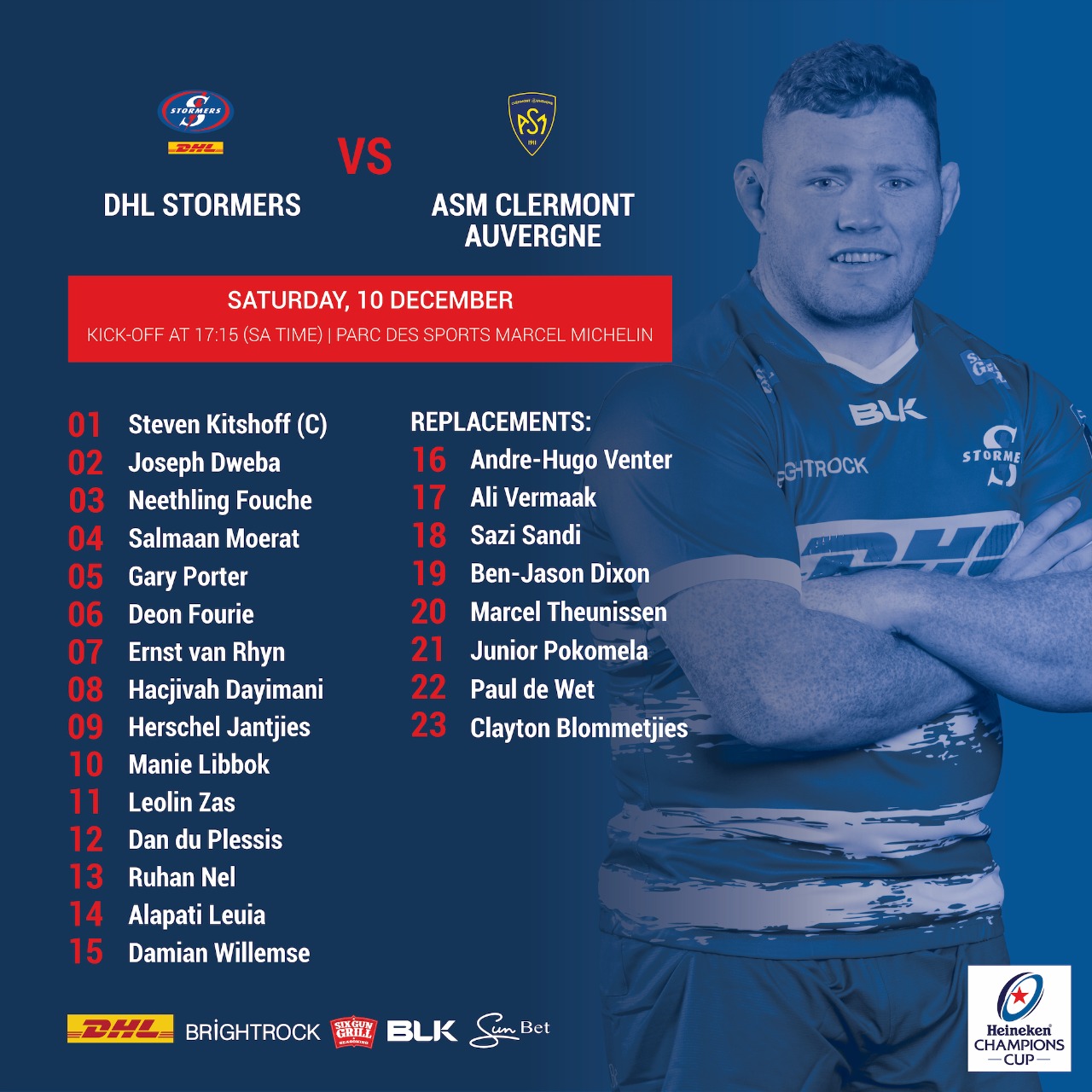 Kitshoff leads DHL Stormers in Clermont-Ferrand